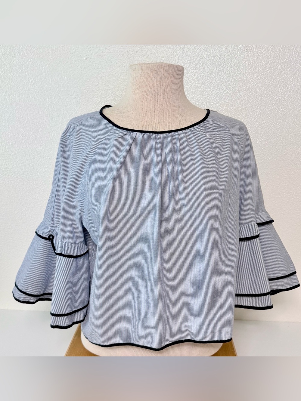 Zara Basic Blue White Striped Tiered Bell Sleeve Blouse Top Piping Trim Size L